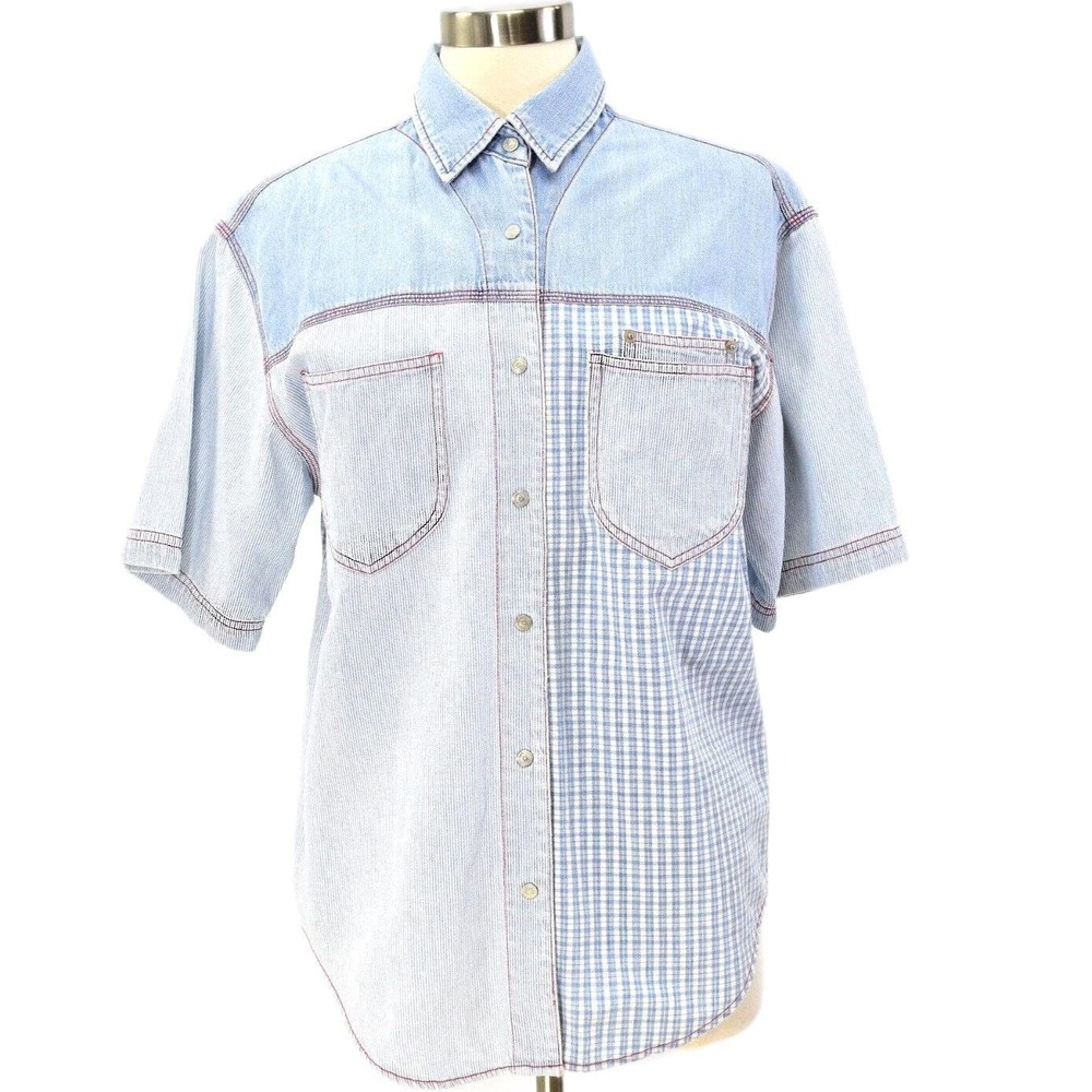 90s Vintage Contrast Stitch Denim Utility Top Womens S Baggy Fit Plaid Button Up
